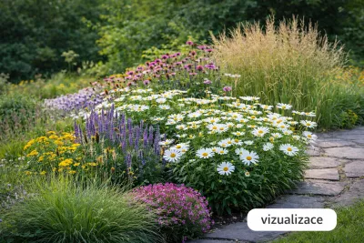 Sazenice kopretiny velkokvěté / Leucanthemum maximum sazenice-kvetin.cz VIZUALIZACE: kopretina velkokvětá, pěchava podzimní, rozrazil, třapatka srstnatá / zlatobýl, zavinutka a bezkolenec