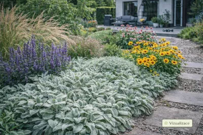 Čistec vlnatý jako stříbřitá půdopokryvná trvalka podél zahradního chodníku v kombinaci se šalvějí, třapatkami a okrasnou trávou.