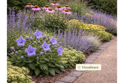 VIZUALIZACE: zvonkovec, nepeta, třapatka, nízké řebříčky, nízké rozchodníky a kostřava sivá