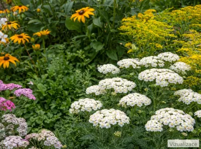 sazenice trvalky řebříček bertrám 'The Pearl' sazenice-kvetin.cz VIZUALIZACE: Kombinace bílého řebříčku The Pearl, žluté třapatky srstnaté, zlatobýlu a růžového řebříčku působí plně, živě a velmi přirozeně