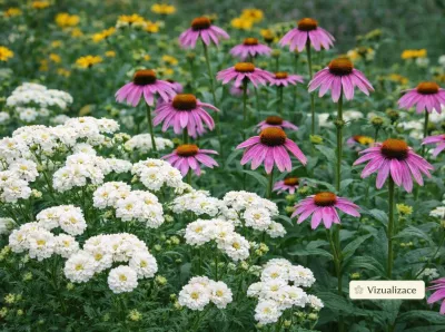 sazenice trvalky řebříček bertrám 'The Pearl' sazenice-kvetin.cz VIZUALIZACE: Kombinace bílého řebříčku, růžové třapatky a žlutých třapatek srstnatých působí plně, živě a dodá zahradě barvu po celé léto