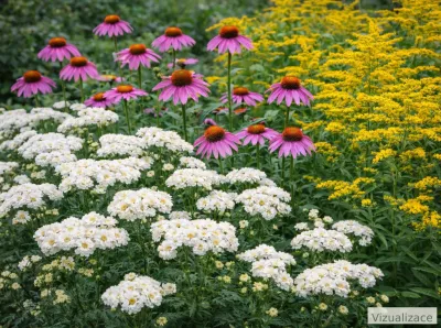 sazenice trvalky řebříček bertrám 'The Pearl' sazenice-kvetin.cz VIZUALIZACE: Kombinace bílého řebříčku, růžové třapatky a žlutého zlatobýlu působí plně, živě a dodá zahradě barvu po celé léto