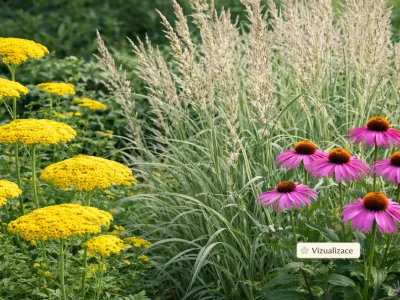 VIZUALIZACE: Vysoký žlutý řebříček, třapatka náchová a třtina ostrokvětá Overdam, ideální kombinace pro slunce a nenáročnou zahradu.