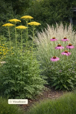 VIZUALIZACE: Vysoký žlutý řebříček, třapatka náchová a třtina ostrokvětá Overdam, ideální kombinace pro slunce a nenáročnou zahradu.