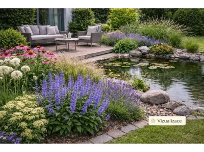 VIZUALIZACE: šalvěj hajní Blue Queen, levandule, třapatka náchová, platykodon, okrasné česneky, kavyl