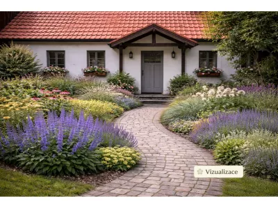 VIZAUALIZACE: šalvěj hajní Blue Queen, třapatky, nepety, žluté vysoké řebříčky, nízké rozchodníky, kostřava sivá a jiné