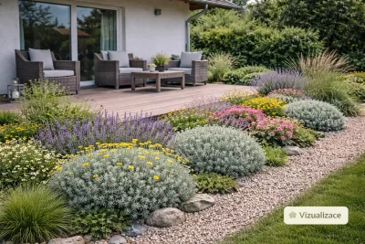 VIZUALIZACE: santolina, vřesovec, šalvěj, levandule, rozrazil, okrasné trávy aj.