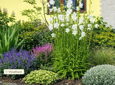 VIZUALIZACE: zvonek broskovlistý bílý, kosatec, pryšec mnohobarvý, rozrazil Rotfuchs, rozrazil dlouholistý First Glory (nebo nepeta), rožec plstnatý, kontryhel a kavyl