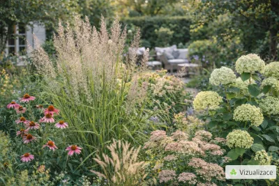 VIZUALIZACE: třtina rákosovitá, rozchodník, třapatky, hortenzie, dochan aj.